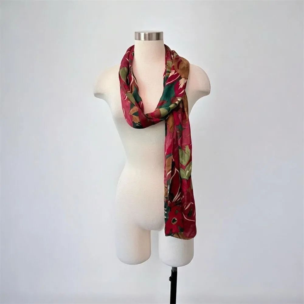 Vintage Silk Watercolor Scarf Floral Green Burgundy Berry